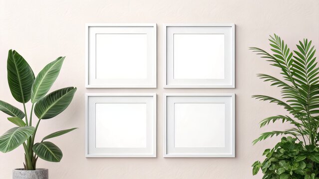 Minimal Gallery Wall with 2x2 Grid of White Frames on Neutral Background