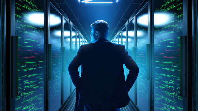 Businessman in glowing 3D server room looking forward. Concept of corporate tech leadership, data strategy, IT governance, cloud infrastructure, and enterprise-level solutions.