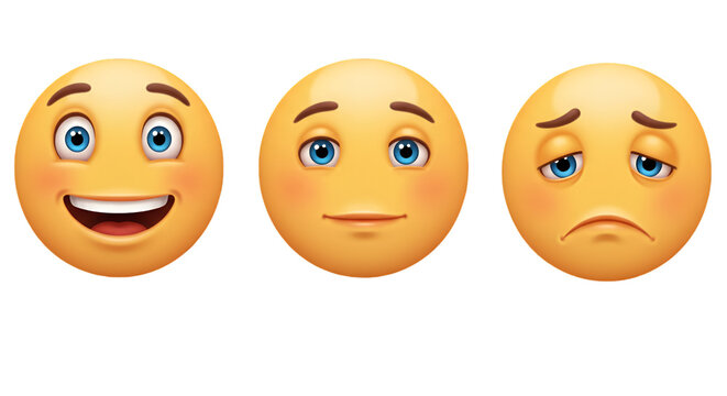 3D Illustration Of Three Emoji Faces Expressing Happiness Neutrality and Sadness
