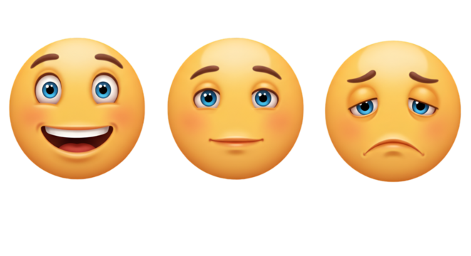 3D Illustration Of Three Emoji Faces Expressing Happiness Neutrality and Sadness