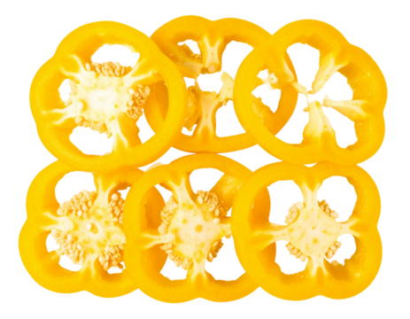 Sliced Yellow Bell Pepper Rings Arranged on Flat Surface, Transparent Cutout
