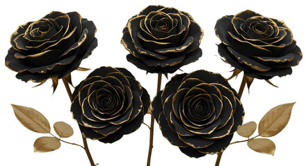 3D Illustration Of Black And Golden Roses With Transparent Background Isolated