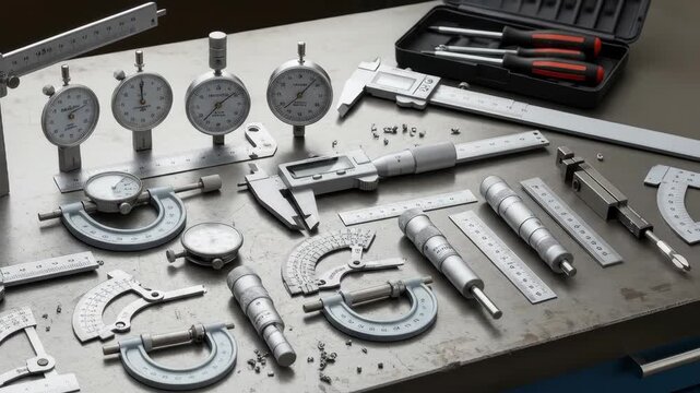 Precision instruments are arranged on a workbench, showcasing tools for measurement and inspection like calipers, micrometers and gauges, used in manufacturing and engineering.