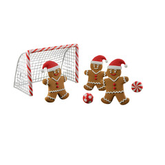 3D Illustration Of Gingerbread Men Playing Christmas Soccer With Festive Red And White