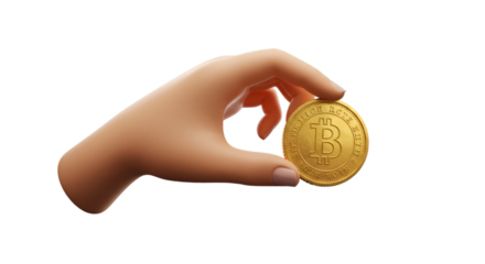 3D Render Illustration Of A Hand Holding A Gold Bitcoin Coin On Black Background
