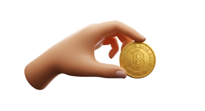 3D Render Illustration Of A Hand Holding A Gold Bitcoin Coin On Black Background - Powered by Adobe