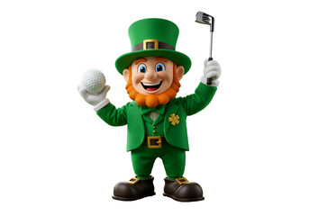 3D Leprechaun Illustration Golfing Smiling With Golf Ball And Club In Green Outfit