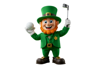 3D Leprechaun Illustration Golfing Smiling With Golf Ball And Club In Green Outfit