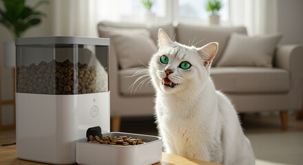Domestic cat sitting beside automatic feeder in modern living room  
