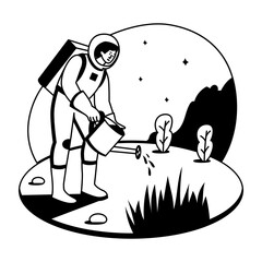 An astronaut watering space plants, glyph illustration 