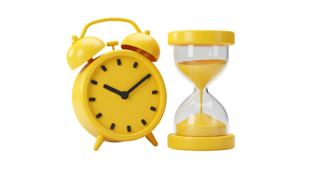 3D Illustration Of Yellow Alarm Clock And Hourglass On Isolated Background