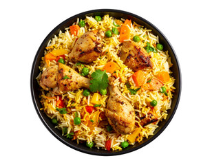 Fototapeta premium Top View of Chicken Biryani with Colorful Vegetables in Serving Bowl, Isolated PNG