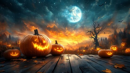 Fototapeta premium Glowing jack o lanterns on wooden planks under a starry night sky halloween pumpkin