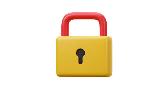 3D Render Illustration Of Yellow Lock With Red Handle on Transparent Black Background