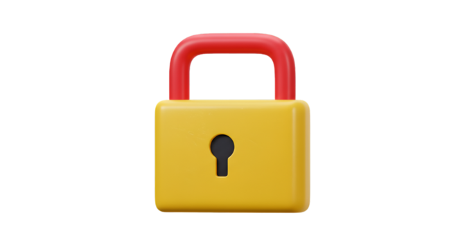 3D Render Illustration Of Yellow Lock With Red Handle on Transparent Black Background
