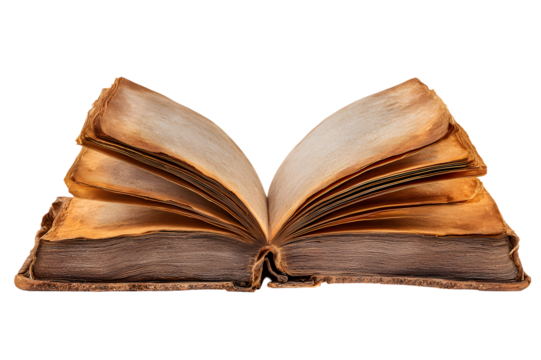 Antique open book with aged yellowed pages isolated on transparent background