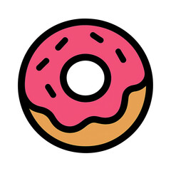 Fototapeta premium Cute Pink Donut Cartoon with Sprinkles in Bold Minimalism Style on Transparent Background. Sweet Dessert Clipart for Bakery Design, Food Icon, Vector Illustration