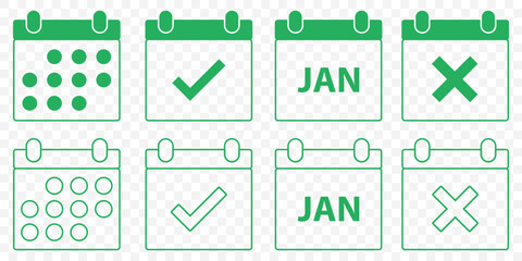 Month and Date Calendar Icons with Task Indicators – EPS File in Green color. Stylized Calendar UI Icons – Vector Pack for Planner and Reminder Apps on Transparent Background EPS 10.