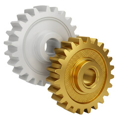 3D Render of Interlocking Gold And White Gears On Transparent Background