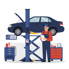 Car Mechanic Inspecting Vehicle on Lift