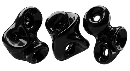 3D Render of Glossy Black Abstract Shapes Isolated on Transparent Background