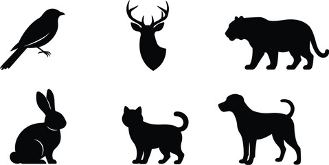Black Silhouette Collection of Six Animals Including Bird Deer Tiger Rabbit Cat Dog crow raven