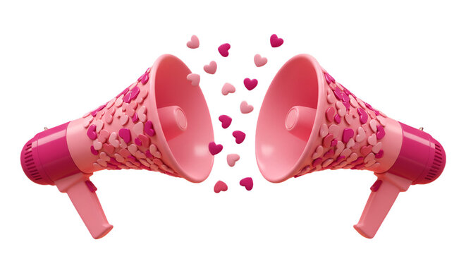 3D Render of Two Pink Megaphones with Hearts on Black Isolated Background