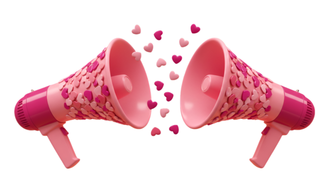 3D Render of Two Pink Megaphones with Hearts on Black Isolated Background