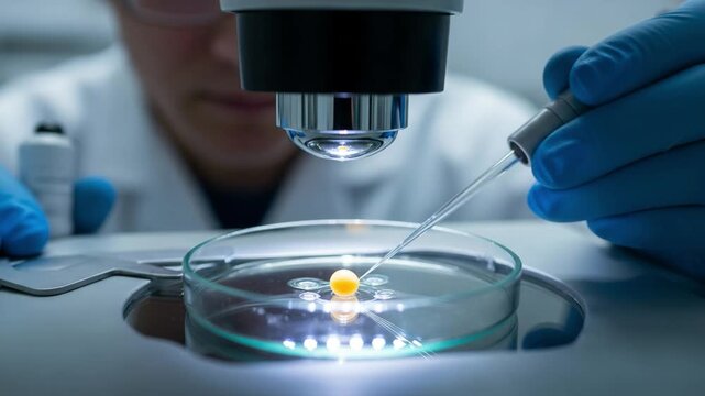 Microscopic view of a human embryo at the early cell division stage, glowing in a petri dish under blue light, symbolizing life, science and reproduction.