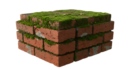 3D Render of Weathered Red Brick Block With Green Moss Isolated
