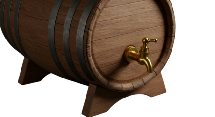 3D Render of Wooden Barrel with Gold Tap Isolated on Transparent Background