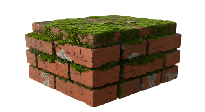 3D Render of Weathered Red Brick Block With Green Moss Isolated