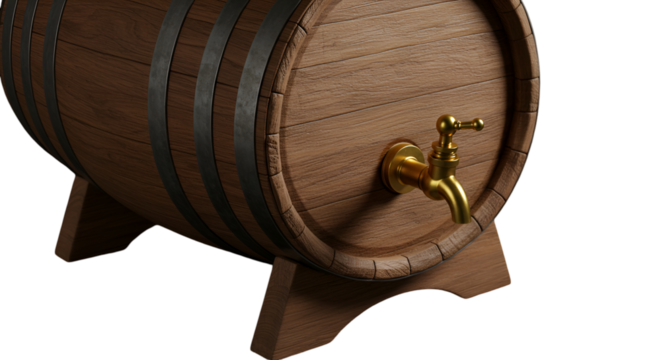 3D Render of Wooden Barrel with Gold Tap Isolated on Transparent Background