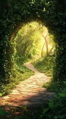 Walking Stone Path Through Green Archway Into Forest