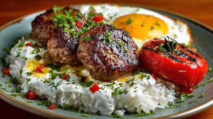 Close Up Of Brown Meatballs Served With Rice, Fried Egg, And Grilled Tomato