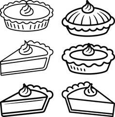Pumpkin Pie Line Art Vector Set – Whole and Slice Illustrations with Cream