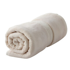 A soft, fluffy white towel rolled up neatly, isolated on a transparent background