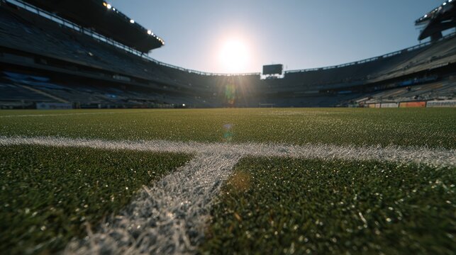 Stadium field perspective. Sun shines over the empty grandstand and green field at the sports arena