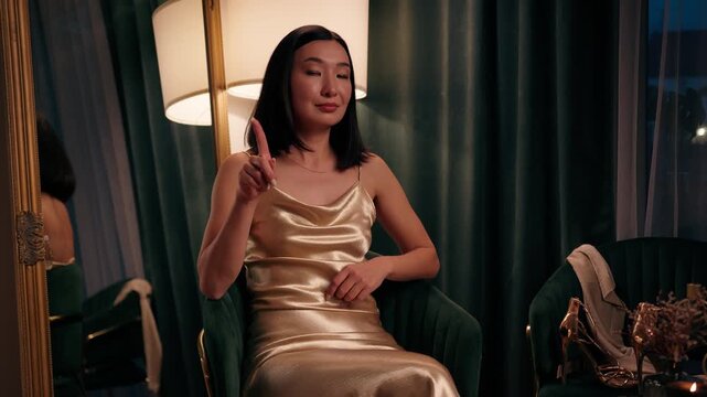 Confident Asian woman Chinese female at home looking at camera shaking finger no forbidden stop never not deny reject disagree negative gesture Korean Japanese lady in golden dress in evening style