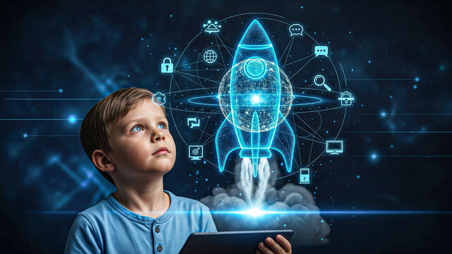 Child gazing at futuristic rocket launching from digital globe; technology, innovation, education concept.