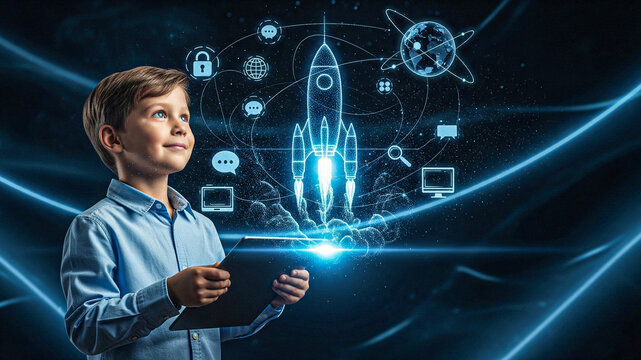 Boy with Tablet, Futuristic Rocket Launch, Digital Innovation, Global Technology, Hopeful Future