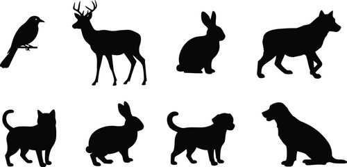 Collection of Black Animal Silhouettes Including Deer Rabbit Dog Cat and Bird deer silhouette rabbit silhouette