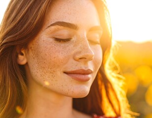 Close-up of a woman with freckles in a field at sunset