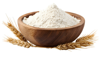 Bowl of white flour with wheat stalks isolated on transparent background