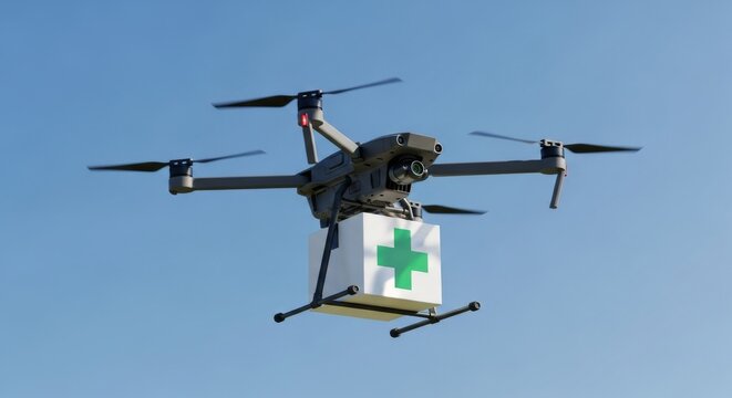 Drone carries first aid kit in the bright blue sky above - Powered by Adobe