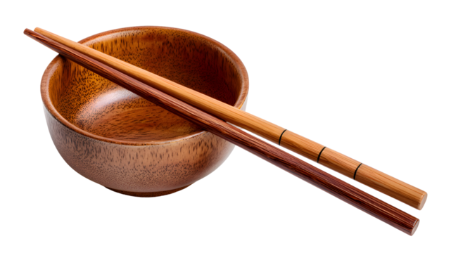 Wooden chopsticks resting on a wooden bowl isolated on transparent background - Powered by Adobe