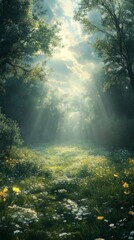 Obraz premium Sunbeams Shining Through Forest Canopy Onto Wildflower Meadow