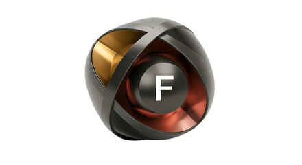 3D Rendered Metallic Sphere with F Letter Isolated on Transparent Background