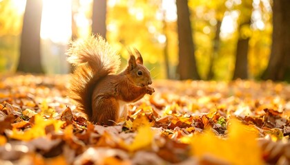 Charming Red Squirrel Foraging on Golden Autumn Leaves in Sunlit Woodland