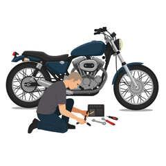 Man Working on Motorcycle Engine with Tools